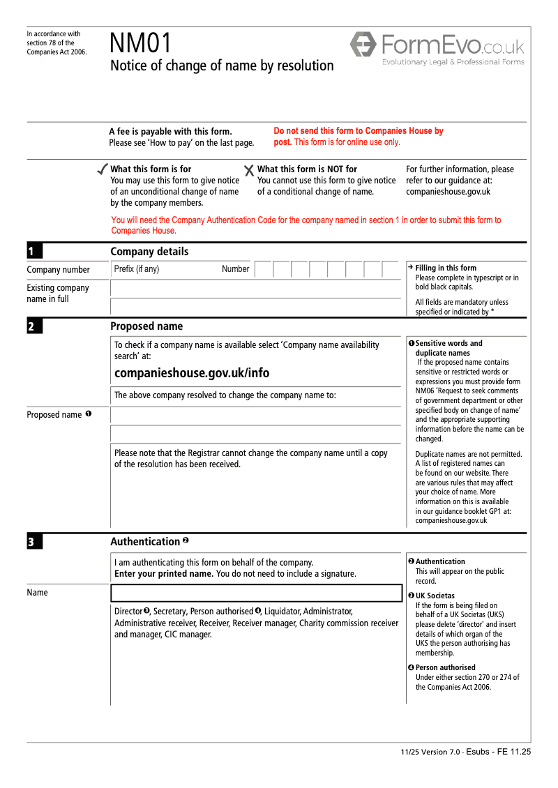 NM01 Notice of change of name by resolution Section 78 preview