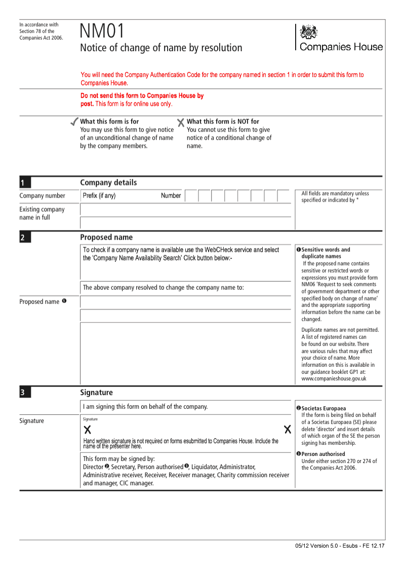 NM01 Notice of change of name by resolution Section 78 preview