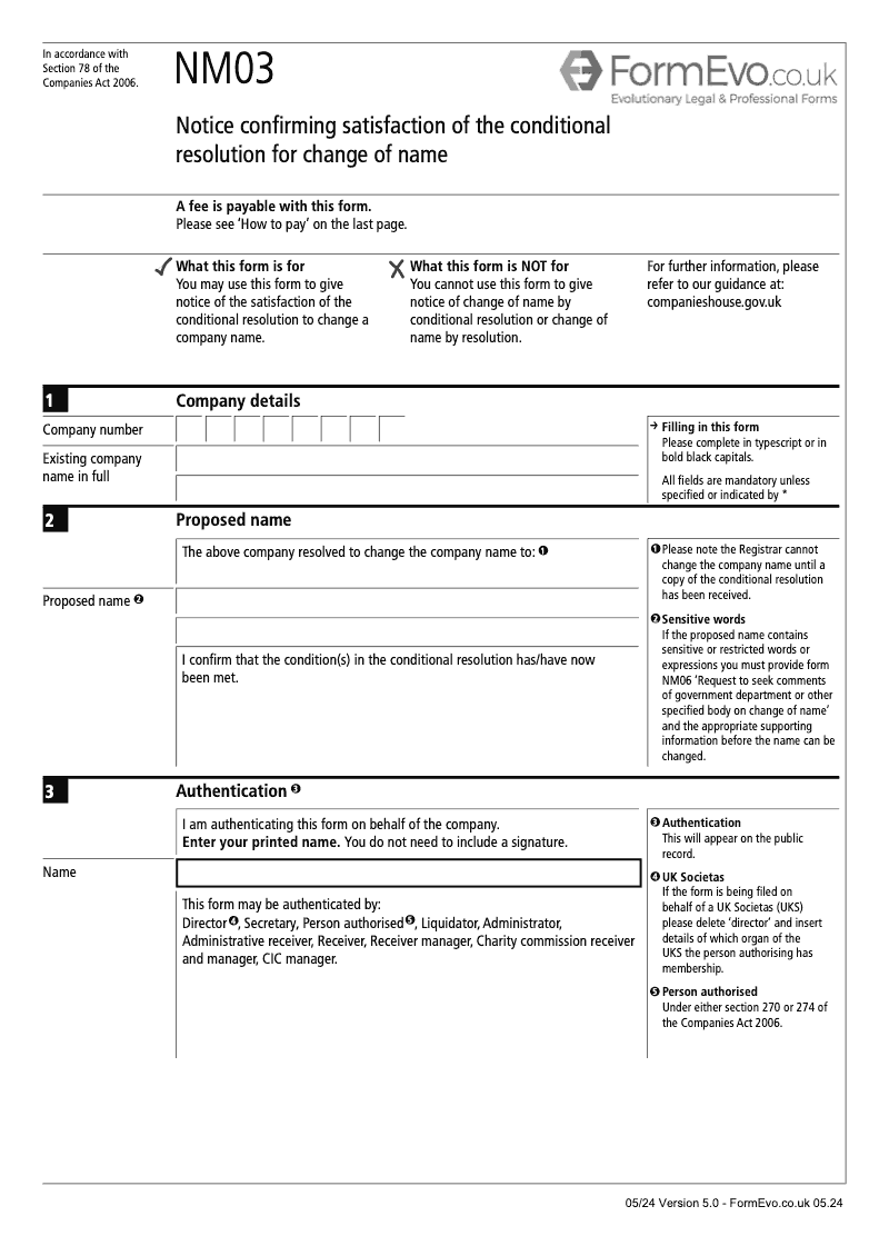 NM03 Notice confirming satisfaction of the conditional resolution for change of name Section 78 preview