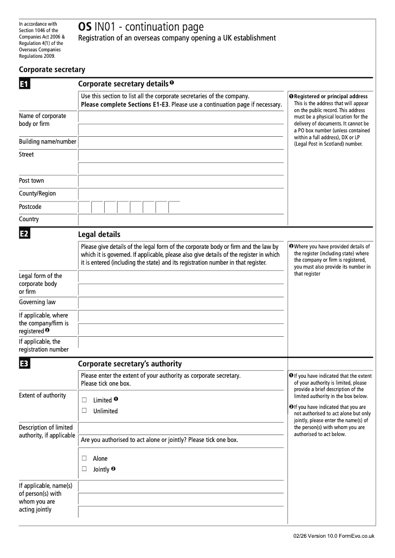 OS IN01 Continuation Page 2 Registration of an Overseas Company Opening a UK Establishment Corporate Secretary preview
