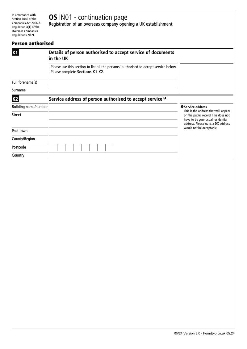 OS IN01 Continuation Page 6 Registration of an Overseas Company opening a UK establishment Person Authorised preview