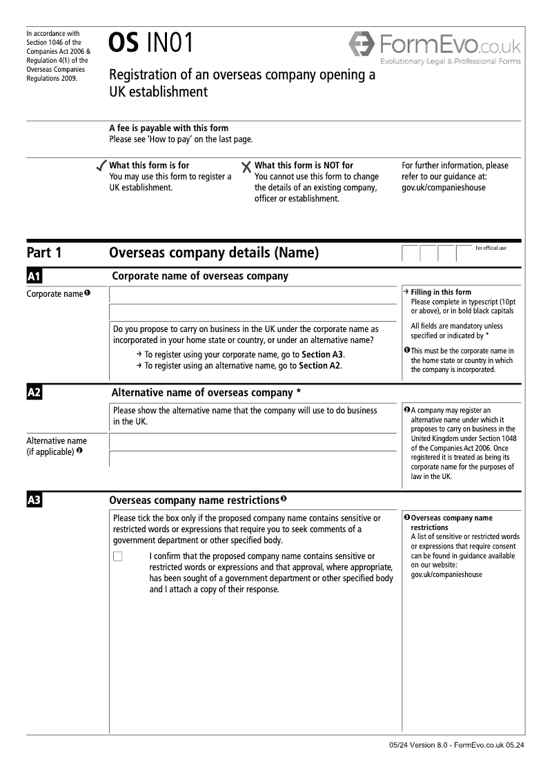 OS IN01 Registration of an Overseas Company opening a UK establishment preview