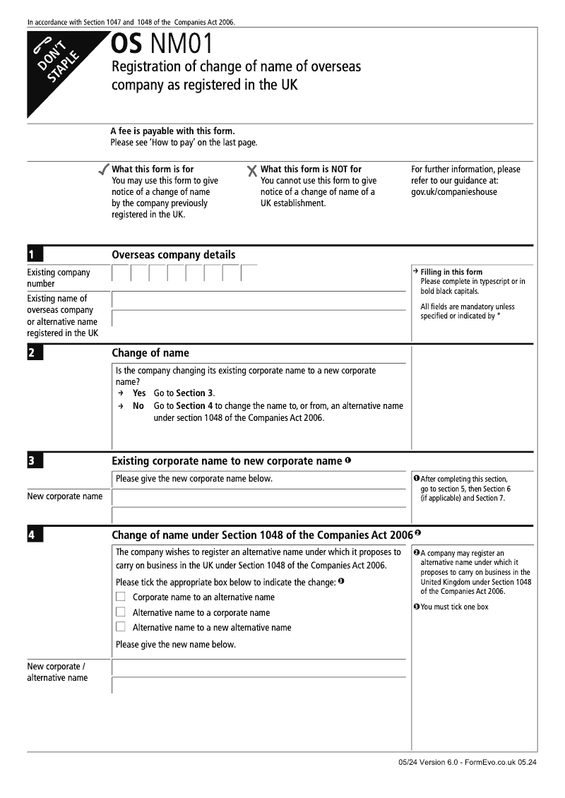 OS NM01 Registration of change of name of overseas company as registered in the UK Section 1047 and 1048 preview