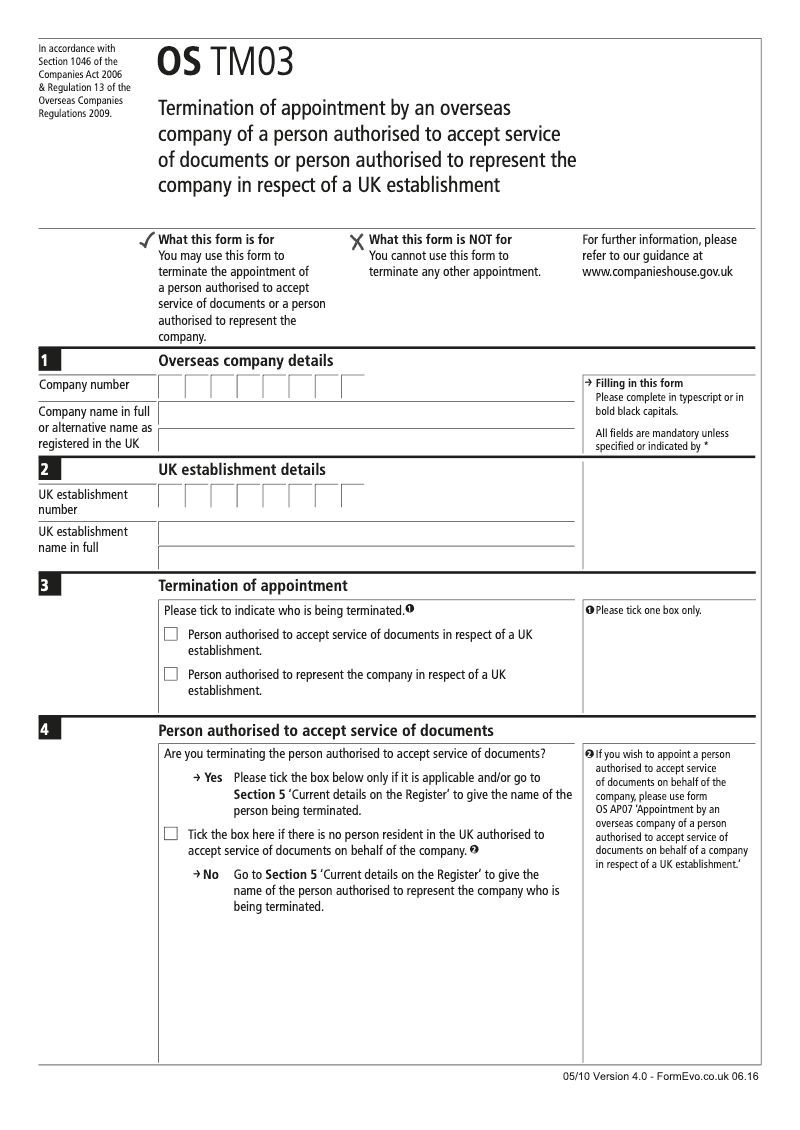 OS TM03 Termination of appointment by an overseas company of a person authorised to accept service of documents or person authorised to represent the company in respect of a UK establishment Section 1046 preview