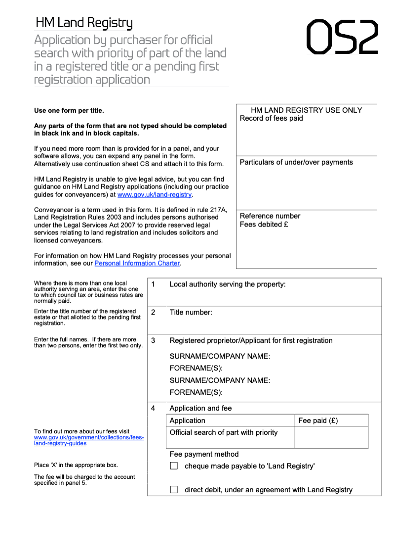 OS2 Application by purchaser for official search with priority of part of the land in a registered title or a pending first registration application preview