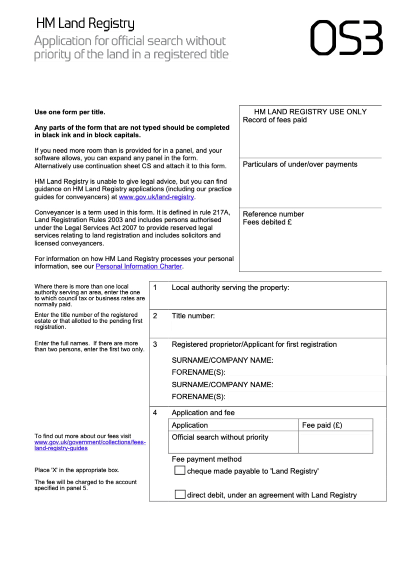 OS3 Application for official search without priority of the land in a registered title preview