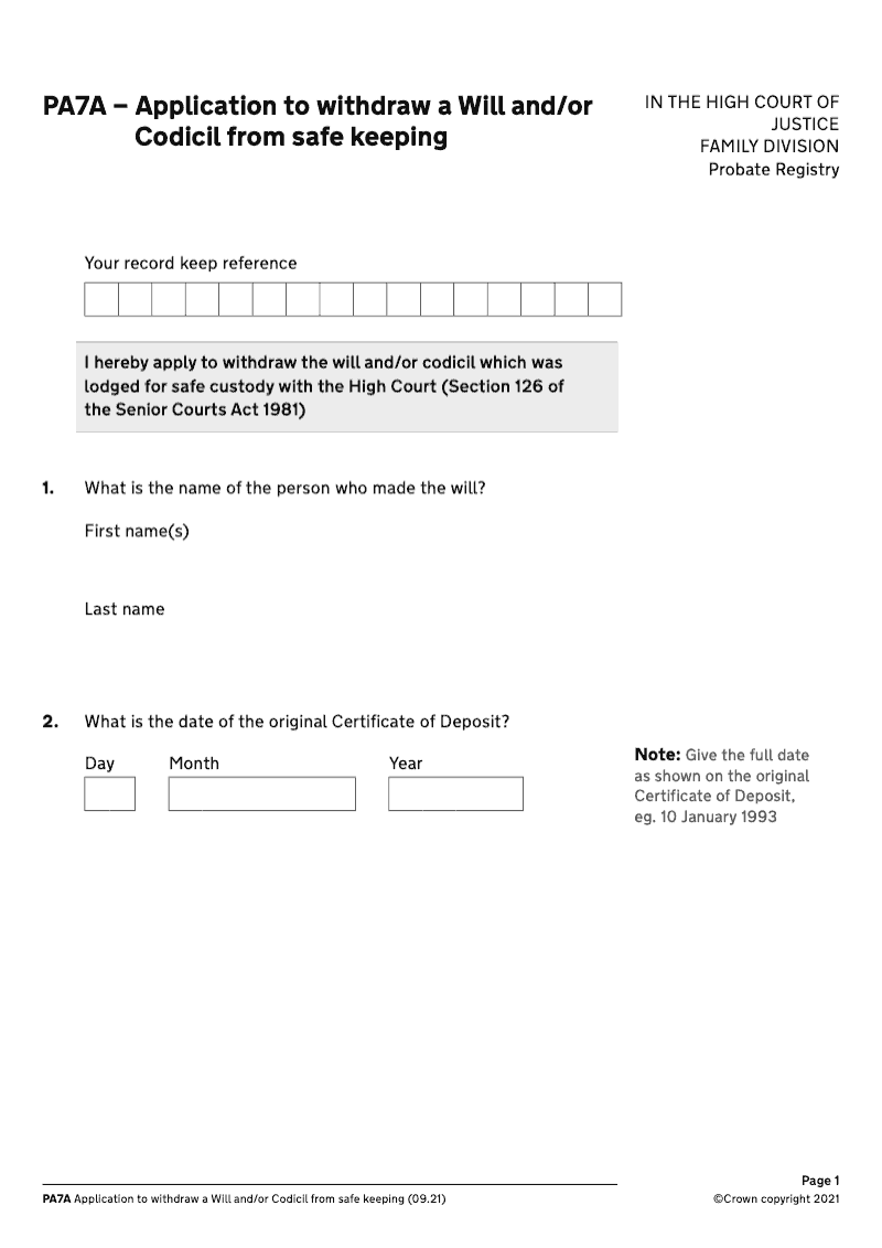 PA7A Application form to withdraw a will and or codicil from safe keeping preview