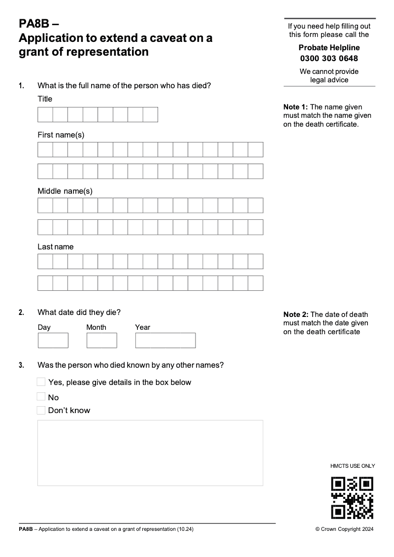 PA8B Application to extend a caveat on a grant of representation preview