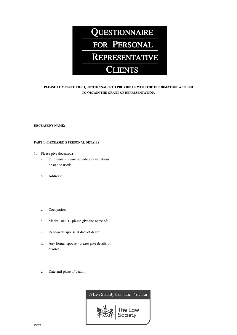 PR52 Questionnaire For Personal Representative Clients preview