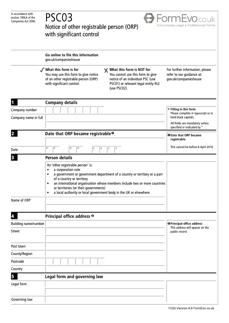 PSC03 Notice of other registrable person ORP with significant control Section 790K and 790ZA of the Companies Act 2006 preview
