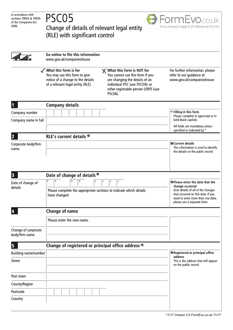 PSC05 Change of details of relevant legal entity RLE with significant control Section 790M and 790ZA of the Companies Act 2006 preview