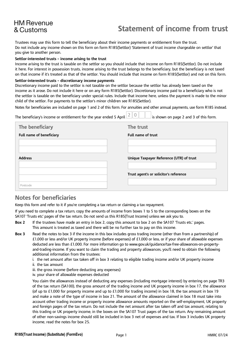 R185 Trust Income Statement of income from trust preview