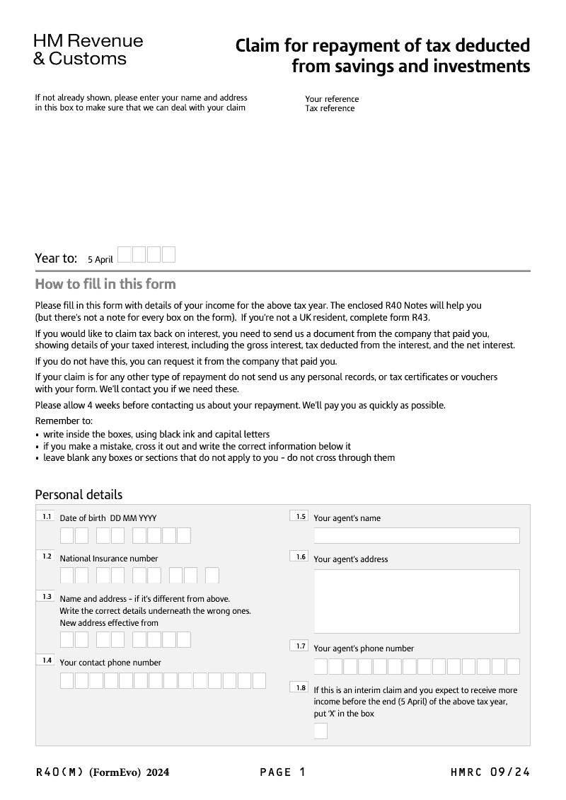 R40 M Claim for repayment of tax deducted from savings and investments preview