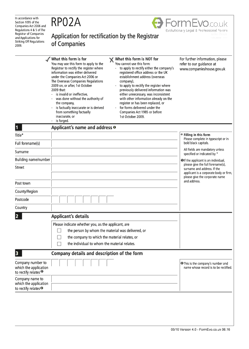 RP02A Application for rectification by the Registrar of Companies Section 1095 preview