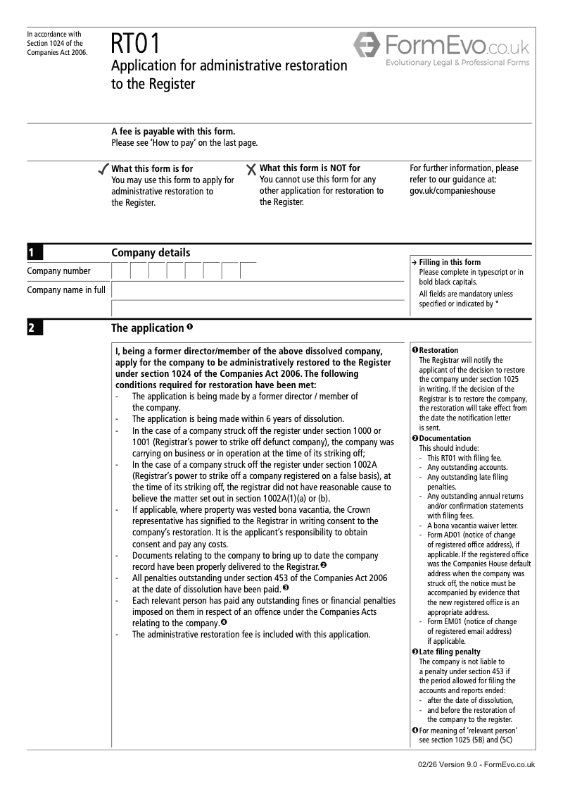RT01 Application for administrative restoration to the Register Section 1024 preview