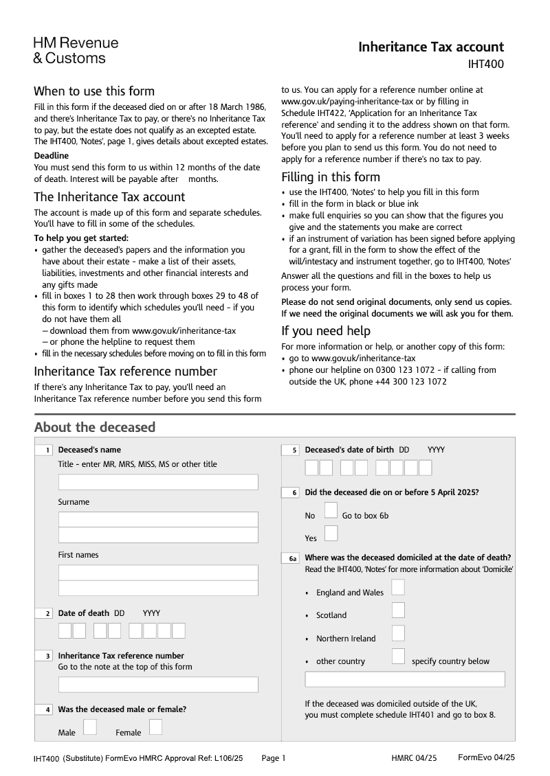 SA IHT400 Inheritance Tax account Standalone version preview