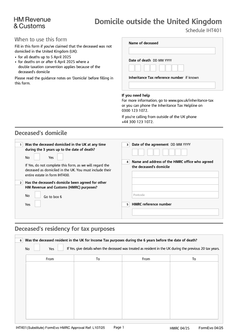SA IHT401 Domicile outside the United Kingdom Schedule IHT401 Standalone version preview