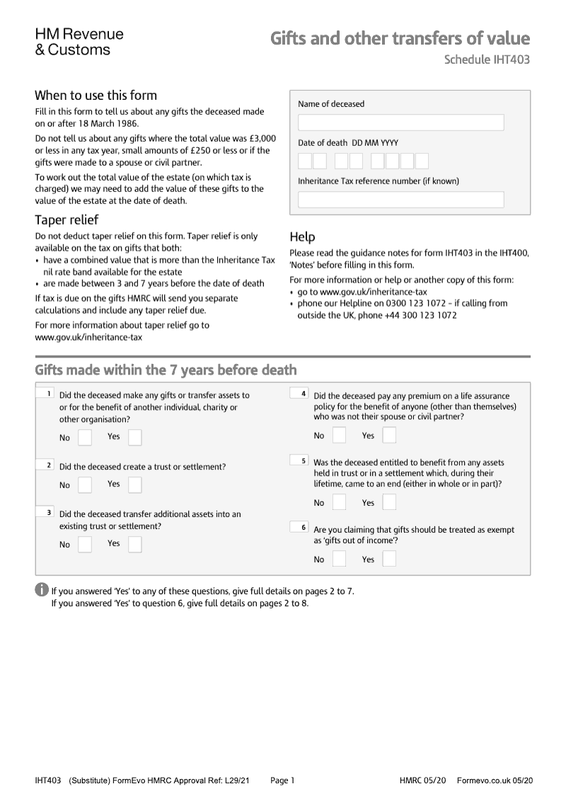 SA IHT403 Gifts and other transfers of value Schedule IHT403 Standalone version preview