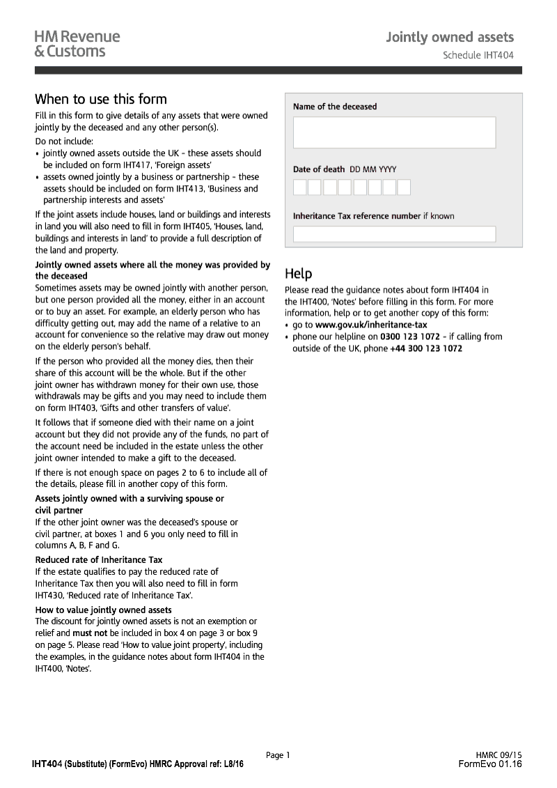 SA IHT404 Jointly owned assets Schedule IHT404 Standalone version preview