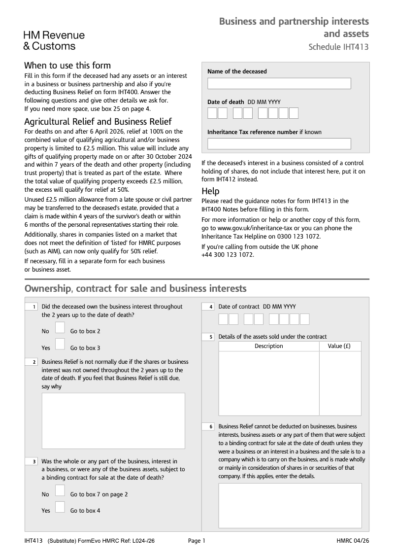 SA IHT413 Business and partnership interests and assets Schedule IHT413 Standalone version preview