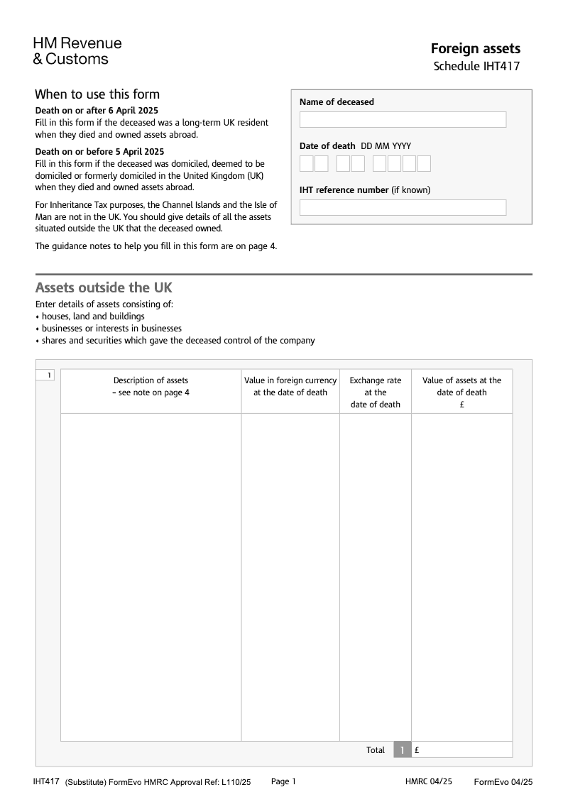 SA IHT417 Foreign assets Schedule IHT417 Standalone version preview
