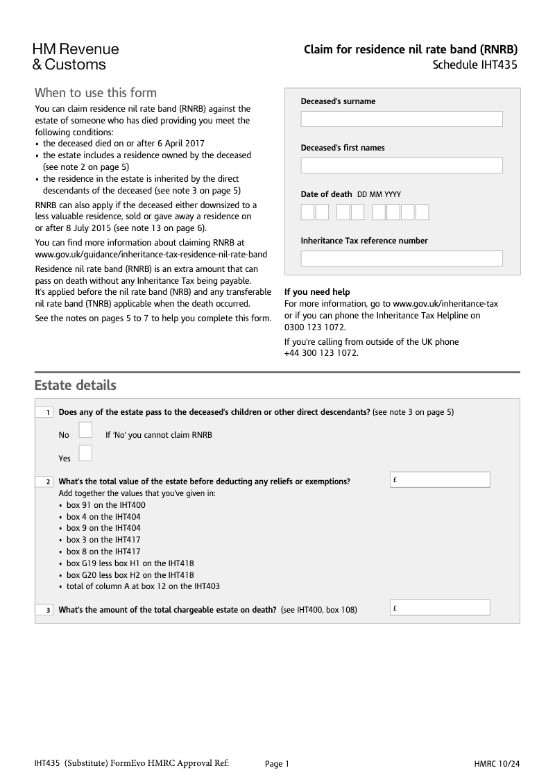 SA IHT435 Claim for residence nil rate band RNRB Schedule IHT435 Standalone version preview