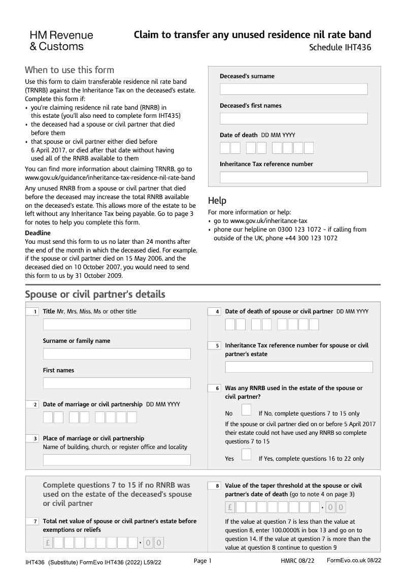 SA IHT436 Claim to transfer any unused residence nil rate band RNRB Schedule IHT436 Standalone version preview