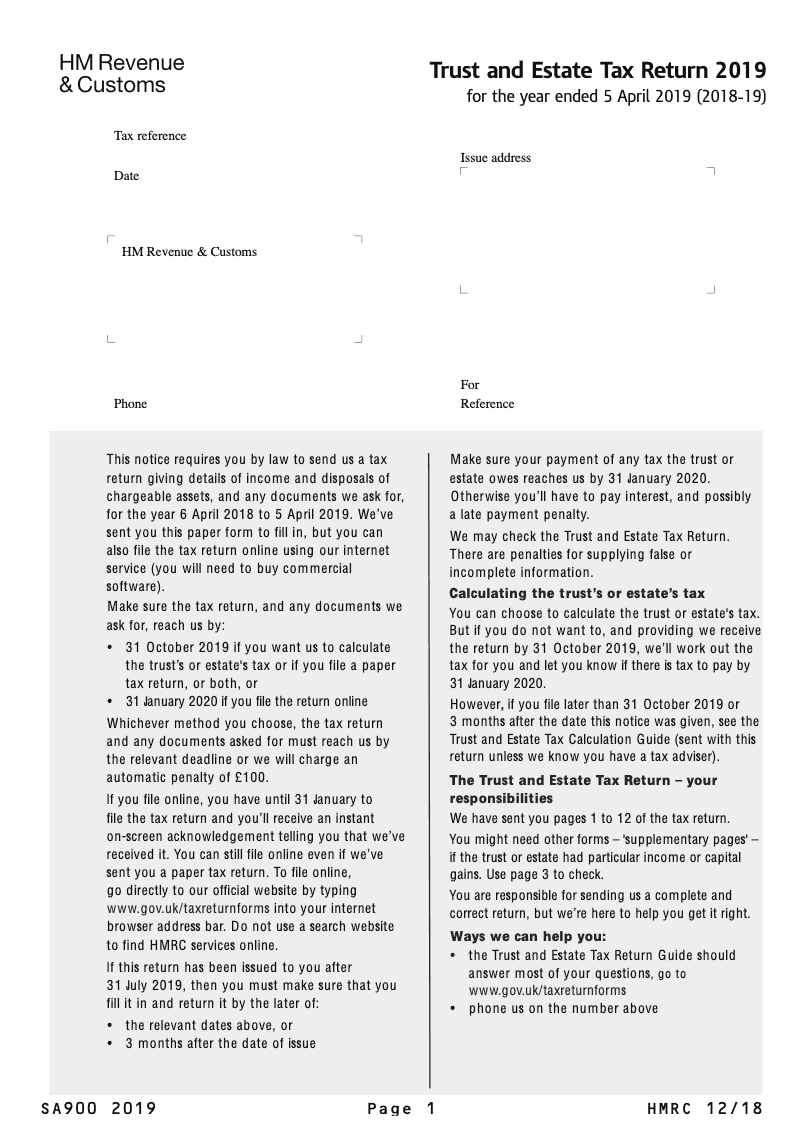 SA900 2019 Trust and Estate Tax Return 2019 for year ended 5 April 2019 2018 19 preview