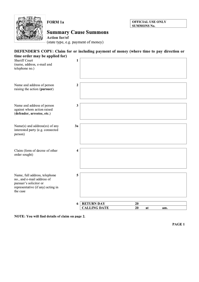 SC1a Summary Cause Summons Claim for or including payment of money where time to pay direction or time order may be applied for preview