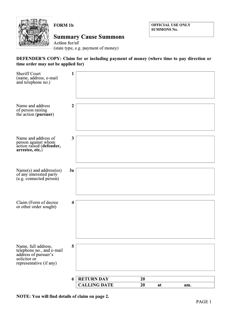 SC1b Summary Cause Summons Claim for or including payment of money where time to pay direction or time order may not be applied for preview