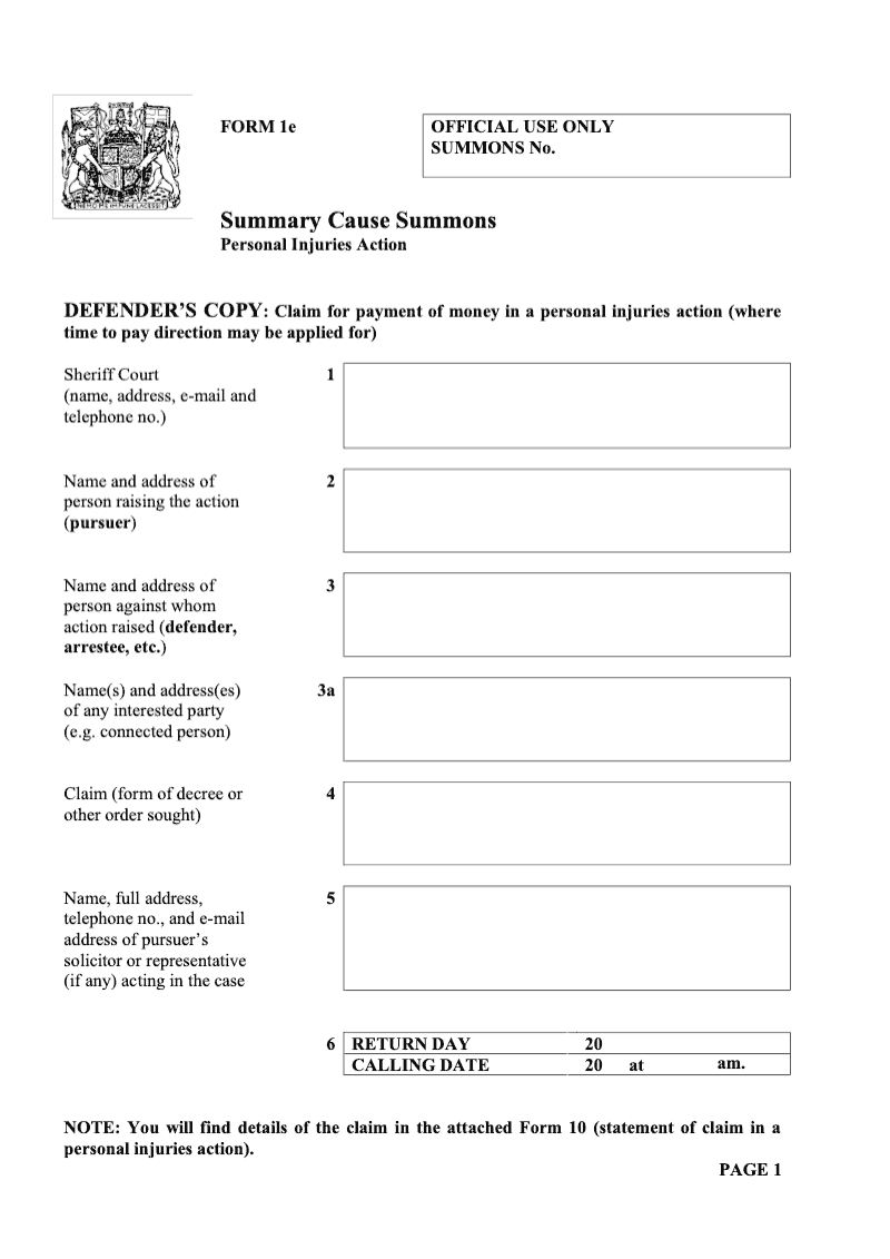 SC1e Summary Cause Summons Personal Injuries Action preview