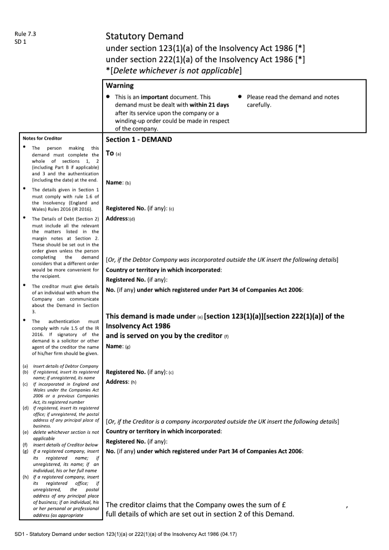 SD1 Statutory Demand under section 123 1 a or section 222 1 a of the Insolvency Act 1986 preview