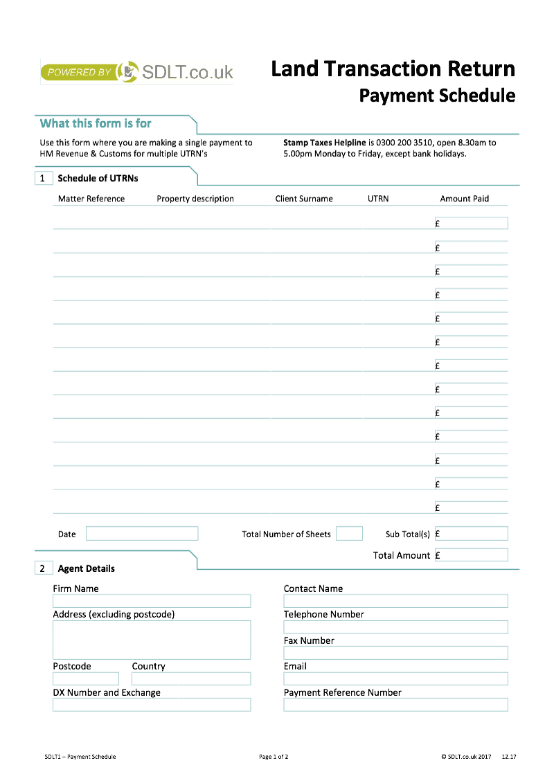 SDLT1 Payment Schedule Payment schedule single payment for multiple UTRNs Stamp Duty Land Tax preview
