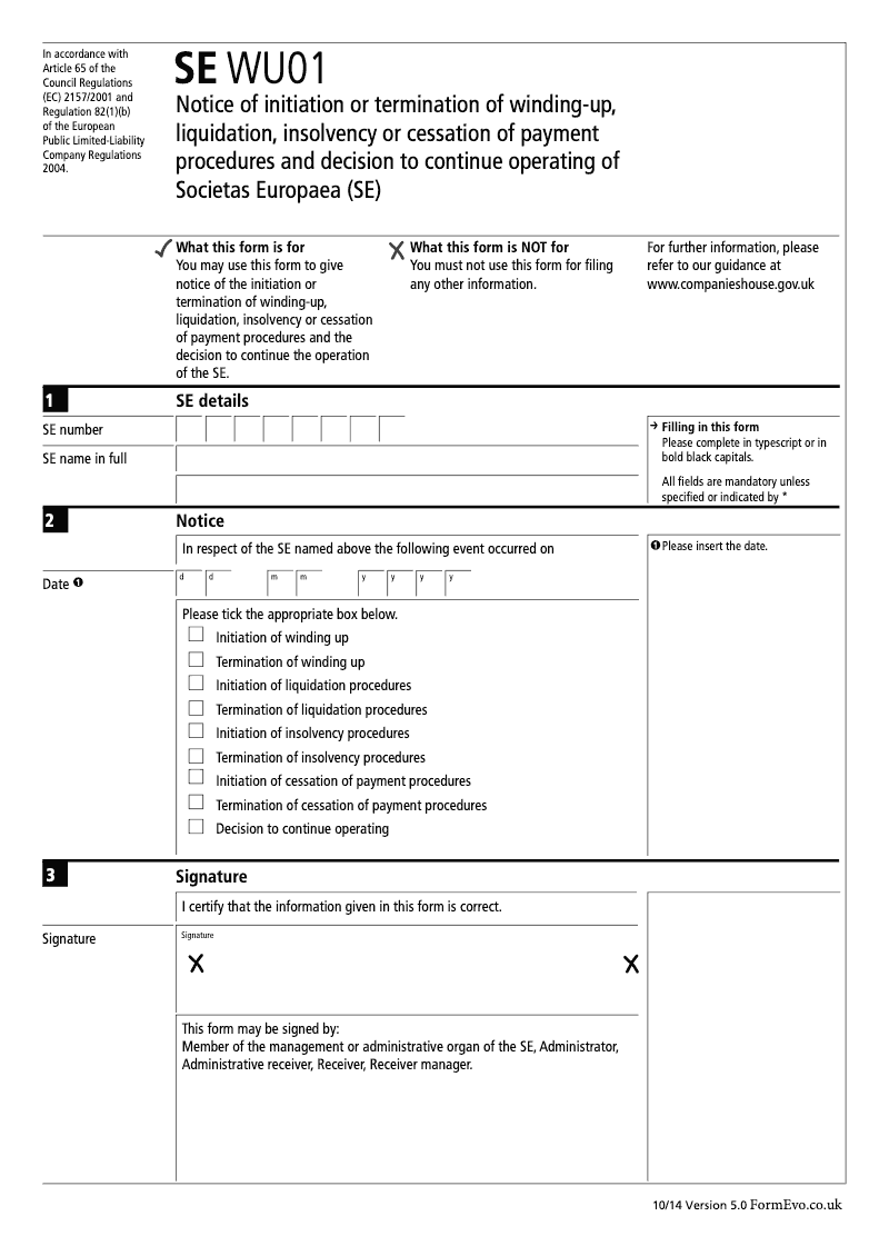 SE WU01 Notice of initiation or termination of winding up liquidation insolvency or cessation of payment procedures and decision to continue operating of Societas Europaea SE Regulation 82 1 b preview