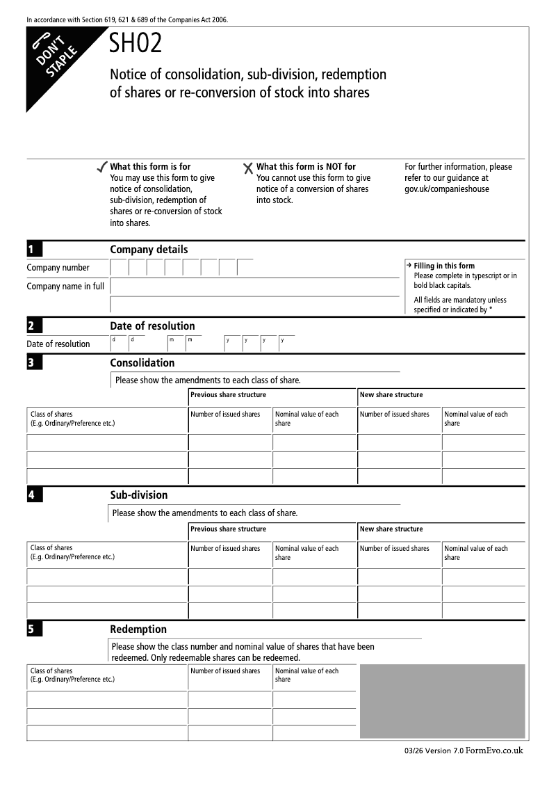 SH02 Notice of consolidation sub division redemption of shares or re conversion of stock into shares Sections 619 621 689 preview