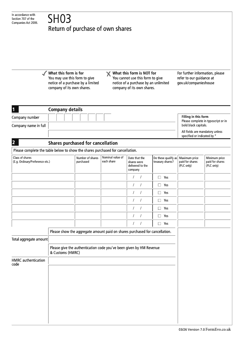 SH03 Return of purchase of own shares Section 707 preview