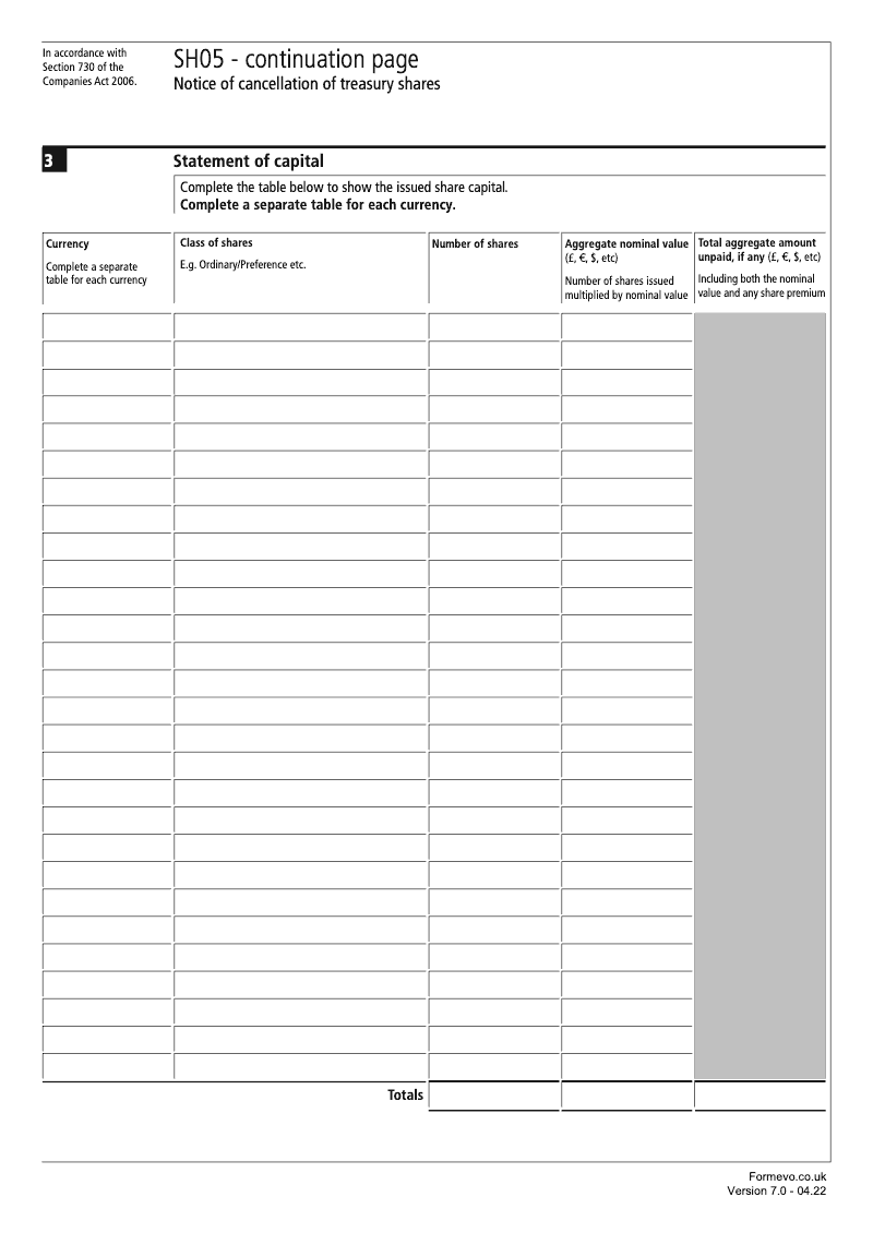 SH05 Continuation Page 1 Statement of capital continuation page SH05 Notice of cancellation of treasury shares Section 730 preview