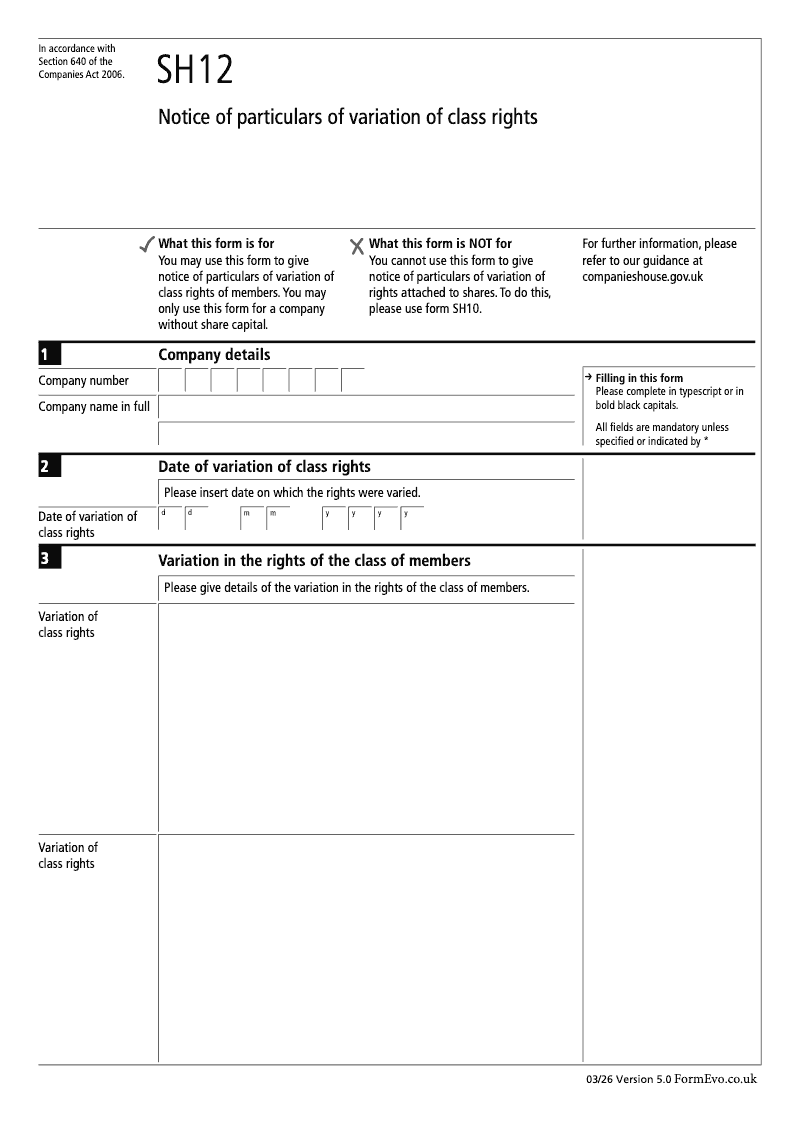 SH12 Notice of particulars of variation of class rights Section 640 preview