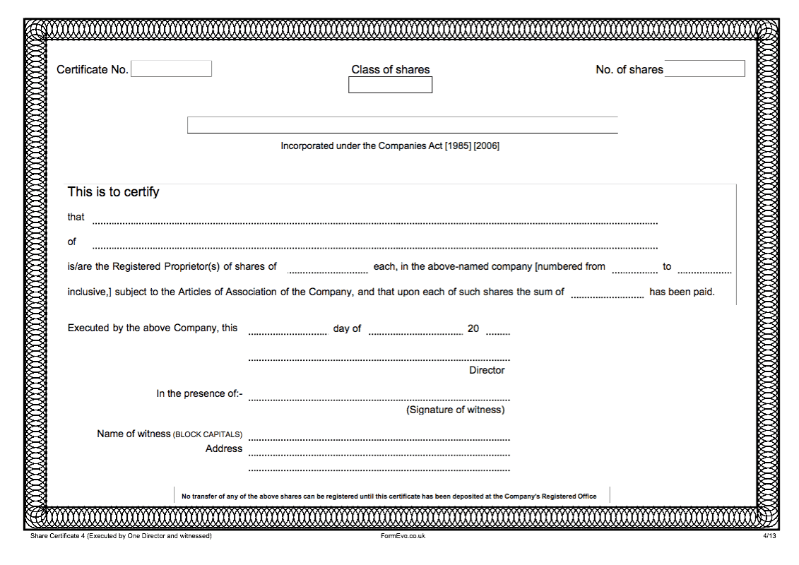 Share Certificate 4 Share Certificate Executed by One Director with witness preview