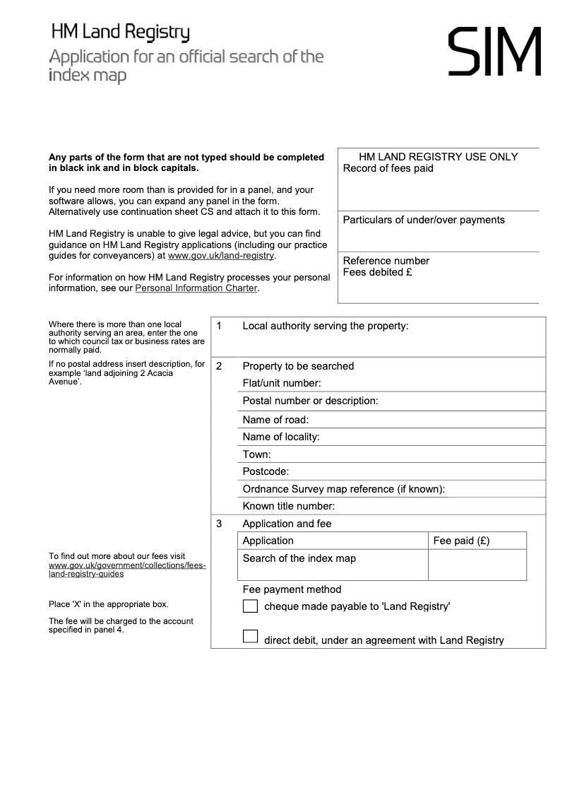 SIM Application for an official search of the index map preview