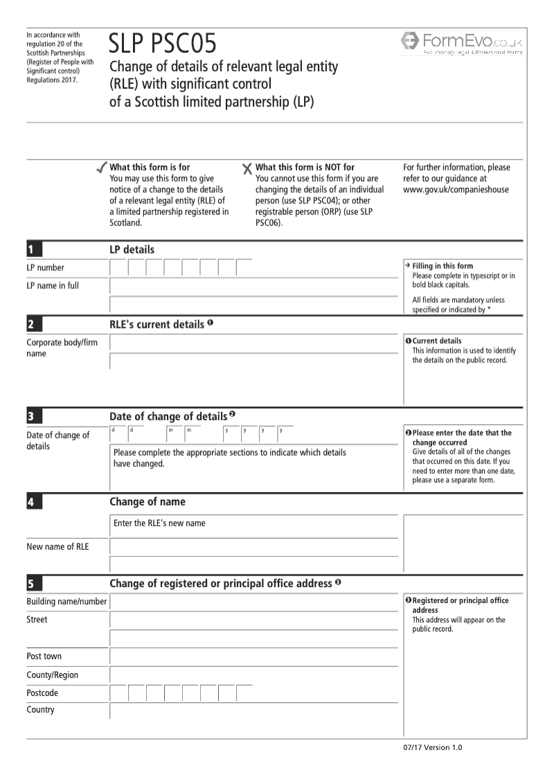 SLPPSC05 Change of Details of Relevant Legal Entity RLE with a Significant Control of a Scottish Limited Partnership LP preview