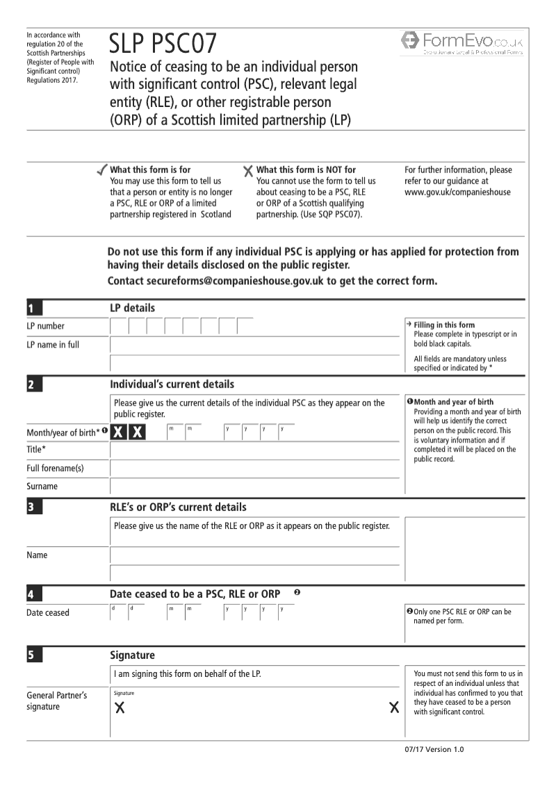 SLPPSC07 Notice of Ceasing to be an Individual Person with Significant Control PSC Relevant Legal Entity RLE or Other Registrable Person ORP of a Scottish Limited Partnership LP preview