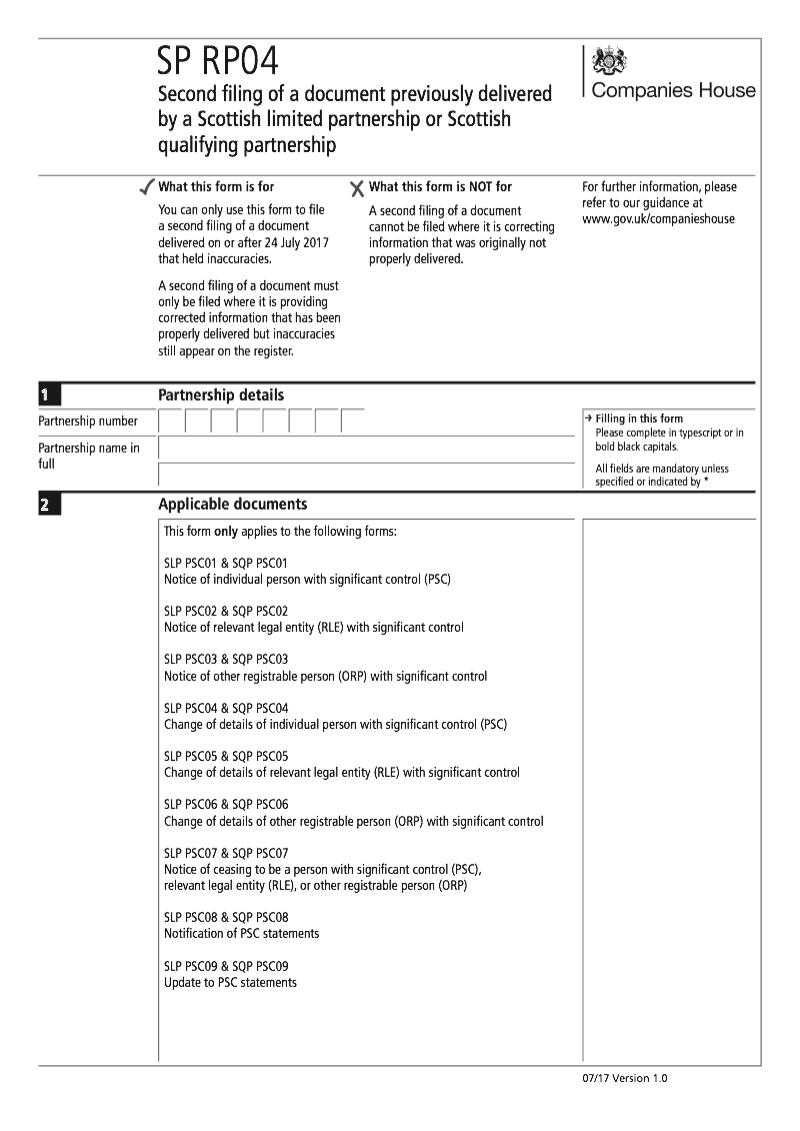 SP RP04 Second filing of a document previously delivered by a Scottish limited partnership or Scottish qualifying partnership preview