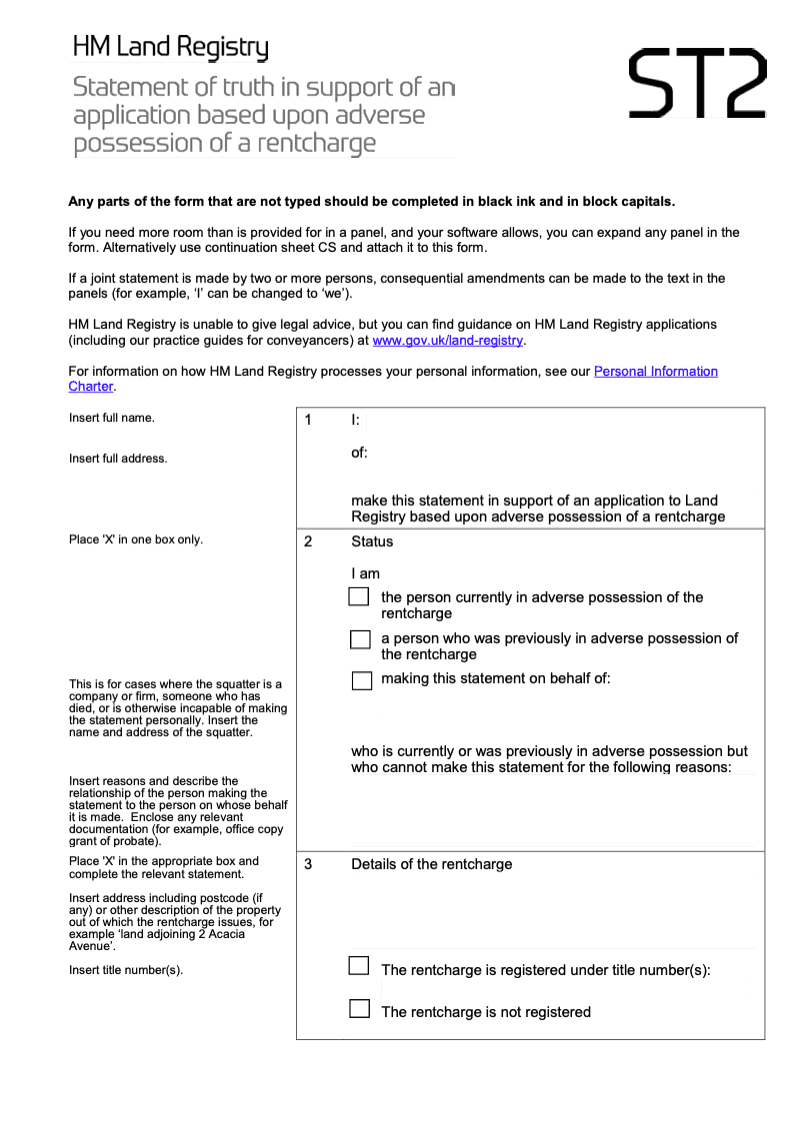 ST2 Statement of truth in support of an application based upon adverse possession of a rentcharge preview
