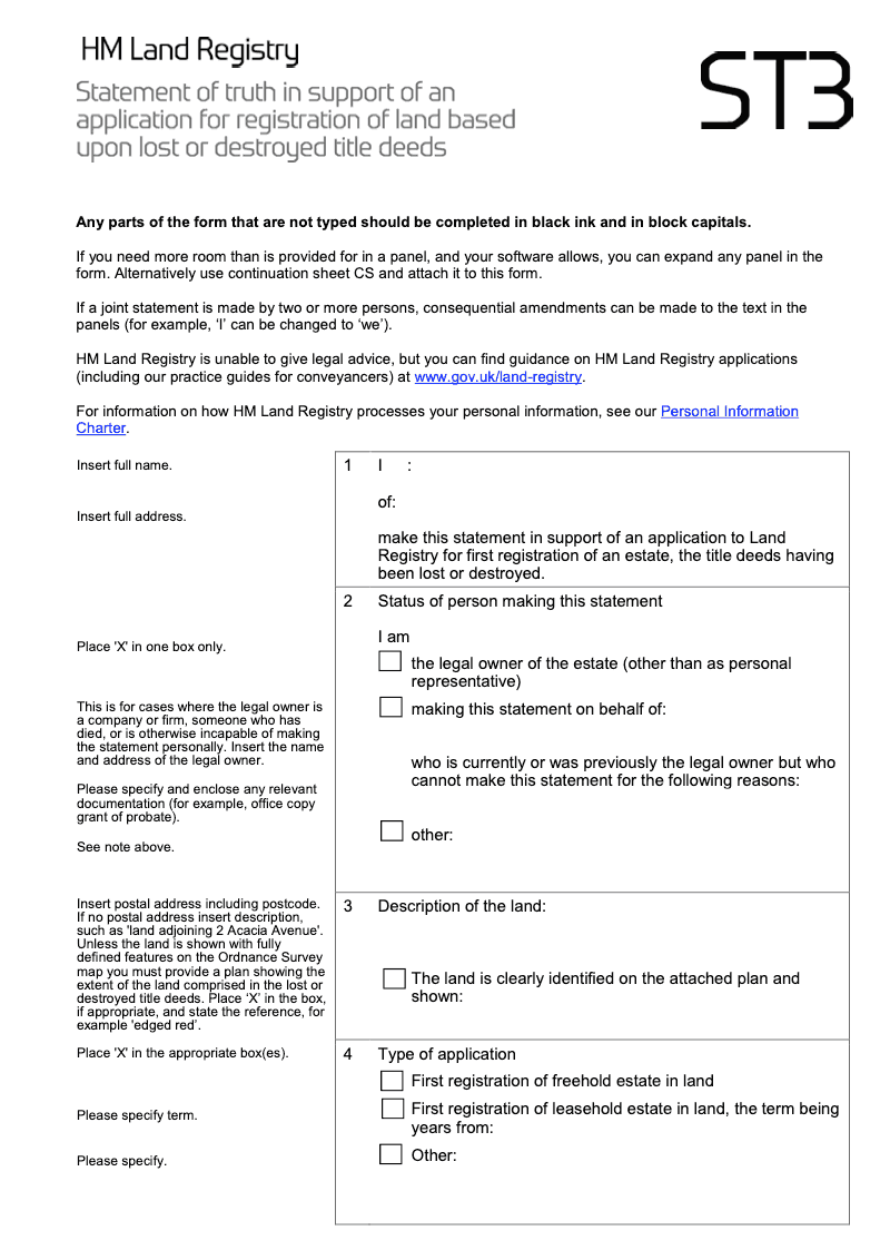 ST3 Statement of truth in support of an application for registration of land based upon lost or destroyed title deeds preview