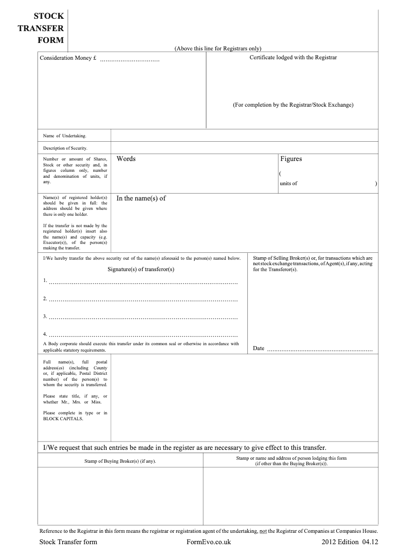 Stock Transfer form 1 Stock Transfer form Transfer by individuals preview