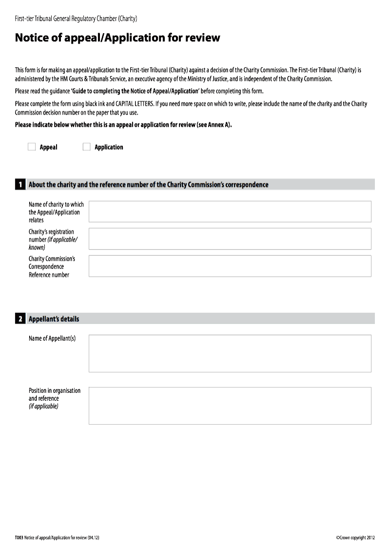 T003 Notice of appeal Application for review First tier Tribunal General Regulatory Chamber Charity preview