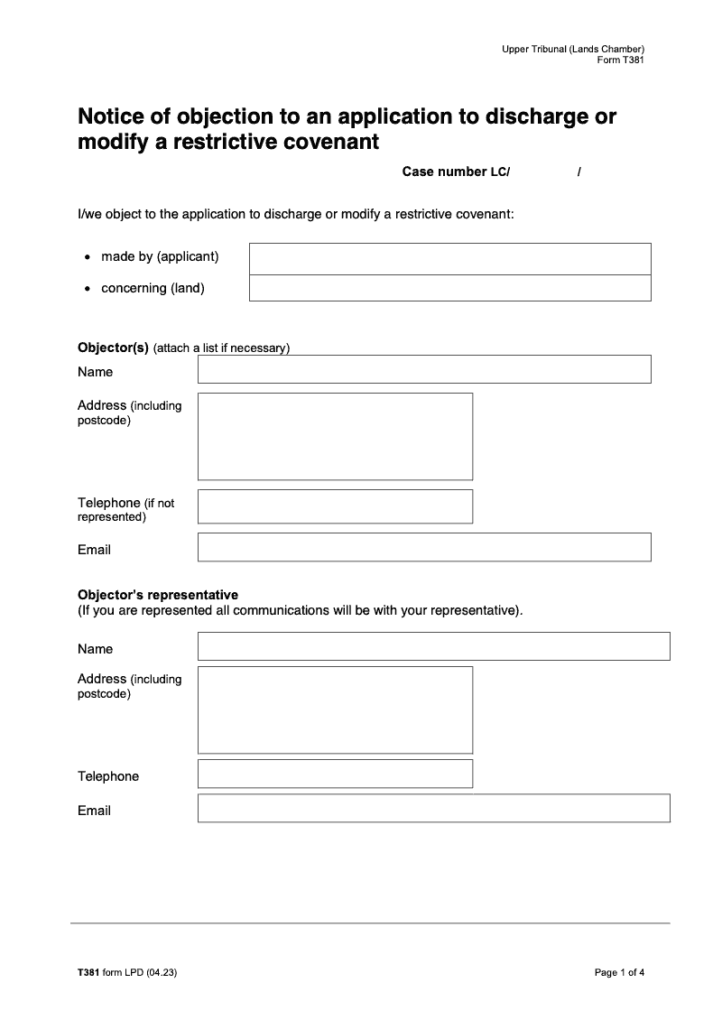 T381 Notice of objection to an application to discharge or modify a restrictive covenant electronic signature available preview