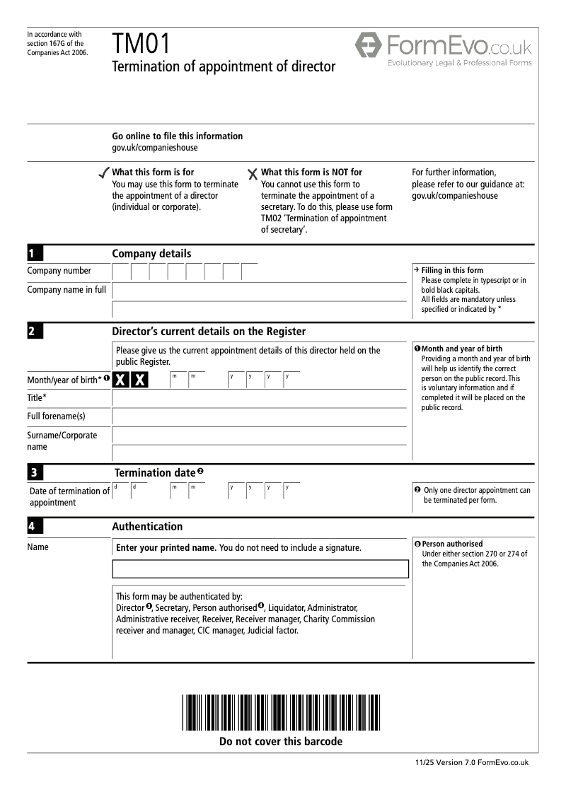 TM01 Termination of appointment of director (Section 167 and 167D) preview