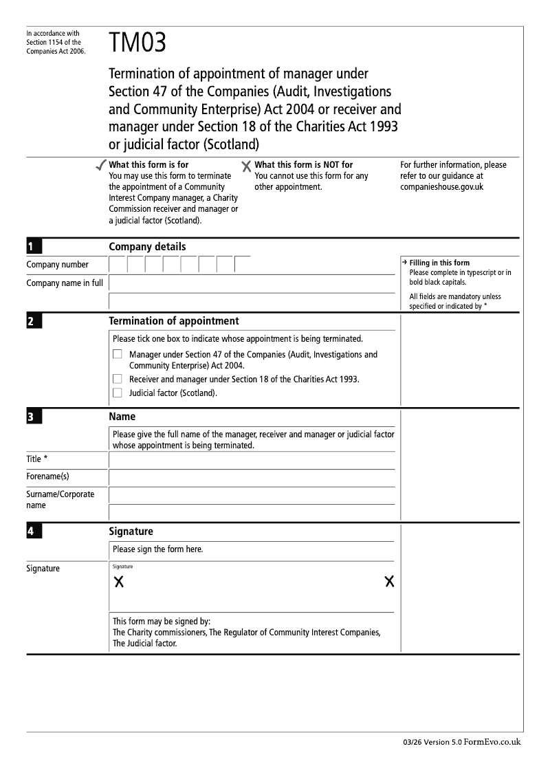 TM03 Termination of appointment of manager under Section 47 of the Companies Audit Investigations and Community Enterprise Act 2004 or receiver and manager under Section 18 of the Charities Act 1993 or judicial factor Scotland Section 1154 preview